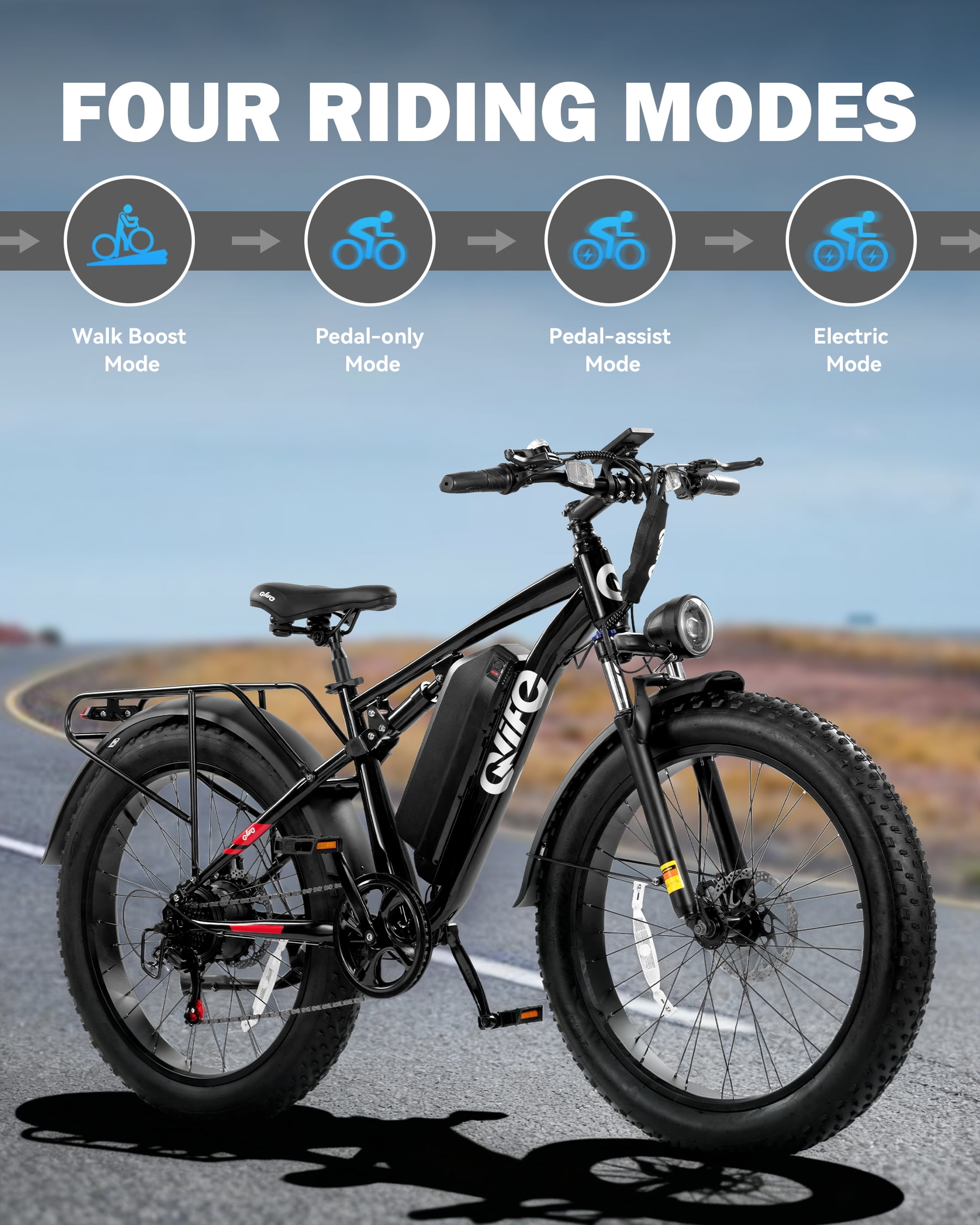 Qlife Racer Plus Electric Bike for Adults Peak 749W Motor Up to 19.8MPH, 4.0 Fat Tire Electric Mountain Bicycle with 48V 15.6AH Battery, 7 Speed Full Suspension Ebike(Black)