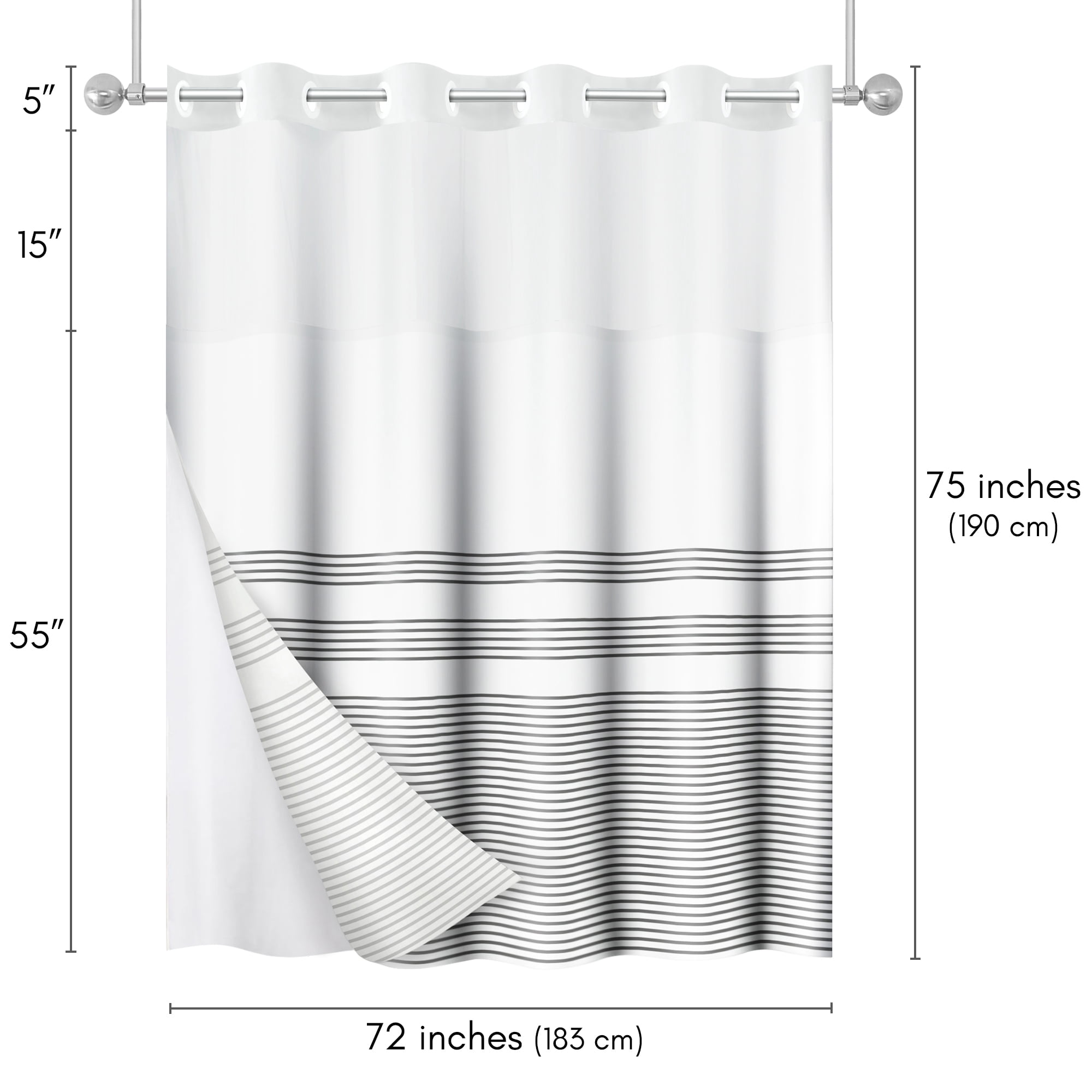 Americanflat 72x75 Hookless Shower Curtain - Grey Lines Shower Curtain with Sheer Panel, Snap-In Liner, and Grommets - 100% Polyester