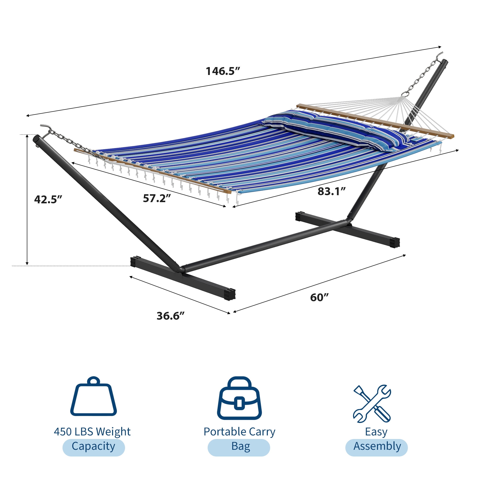 IdealHouse 57" Double Hammock with Heavy Duty Stand – 2 Person Hammock, Widening Cotton Fabric Design, 450 LB Capacity for Indoor & Outdoor Use (Blue)