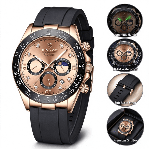 RINBOND Men's Chronograph Watch, Moon Phase Quartz, Silicone Strap, Waterproof, Golden Dial with Date