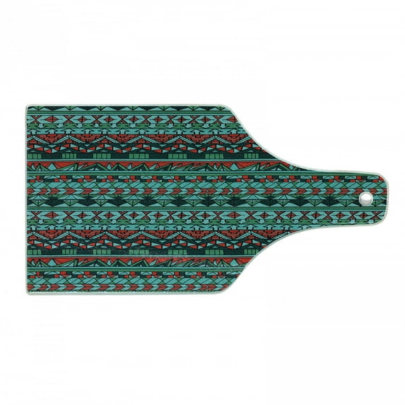 Tribal Cutting Board, Hand Drawn Design Geometric Pattern with Sharp Shapes and Stripes, Decorative Tempered Glass Cutting and Serving Board, Wine Bottle Shape, Red Blue Teal, by Ambesonne