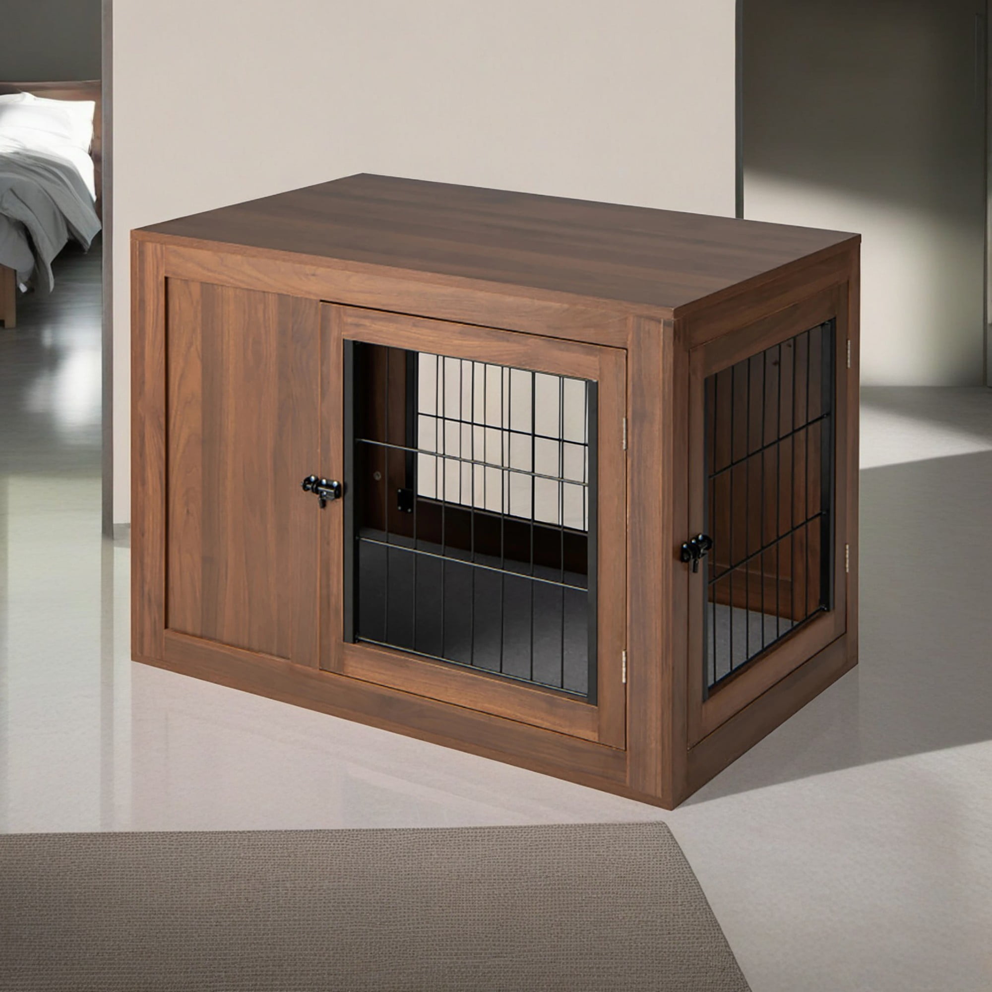 Kadyn 36" Wood Dog Crate Furniture with Door Lock and Cushion, Indoor Decorative Double Doors Dog Cage for Small Dogs, Brown
