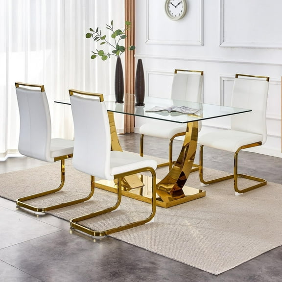 TesNus 63" Glass Dining Table Set for 4, Rectangular Tempered Glass Table with Gold U-Shaped Base and 4 PU Leather Chairs for Dining Room