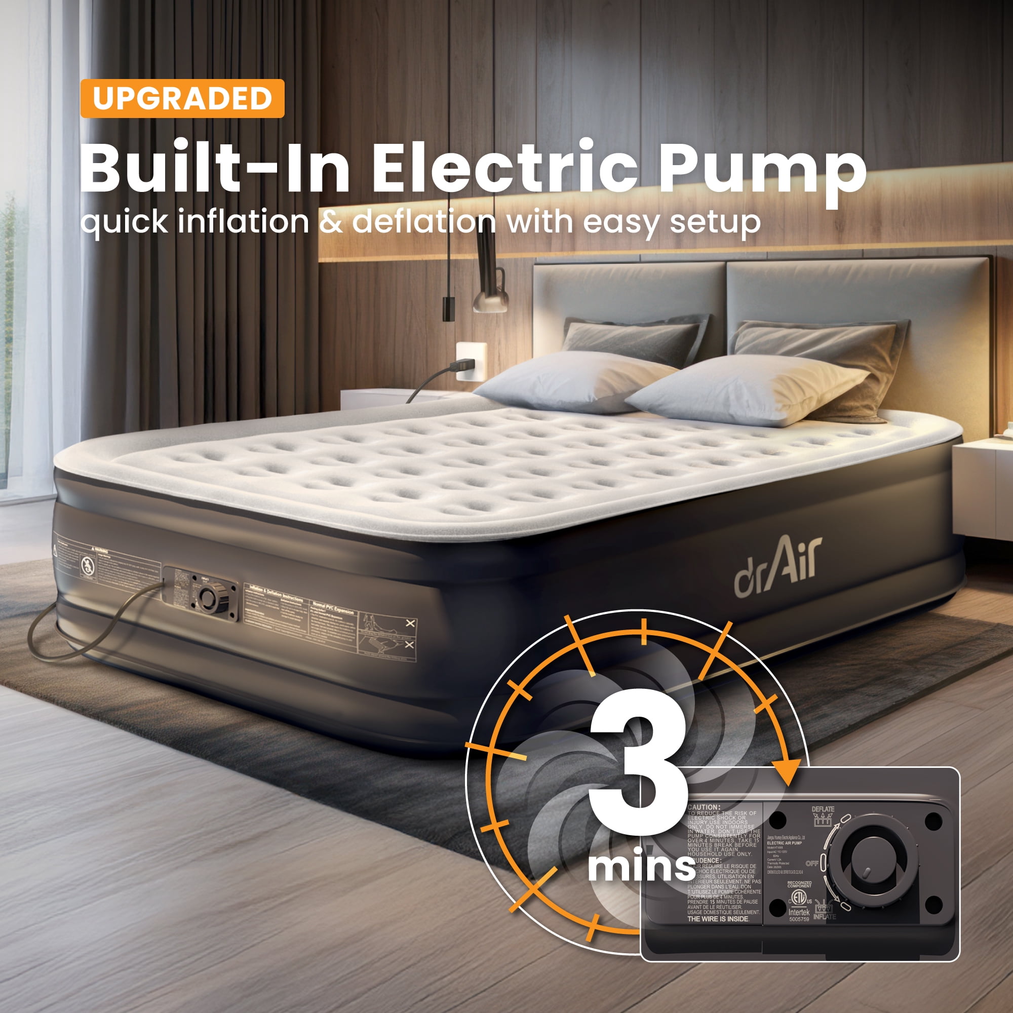Dr. Air Queen Air Mattress, 18” Raised Inflatable Bed with Built-in Pump, Waterproof Velvety Top, Ergonomic Design, Reinforced Support, and Carry Bag for Home, Camping, and Guests