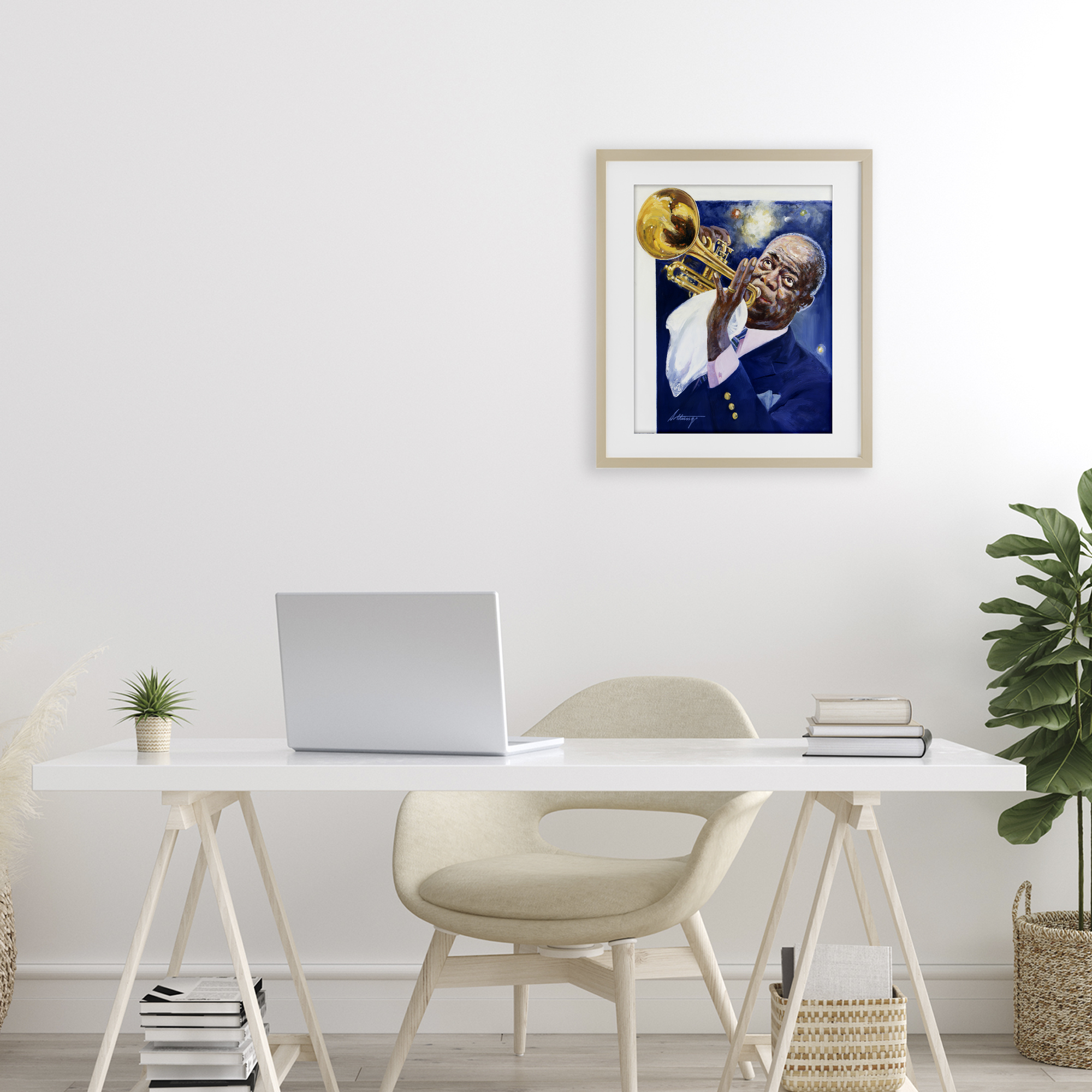 Louis Armstrong Portrait Birch Framed Print Under Glass, design by Wind River Studios