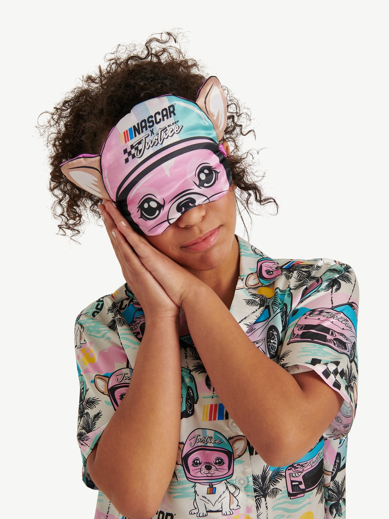 Justice Girls x Nascar Short Sleeve Button Top, Shorts and Eye Mask Pajama Set, 3-Piece, Sizes 5-18
