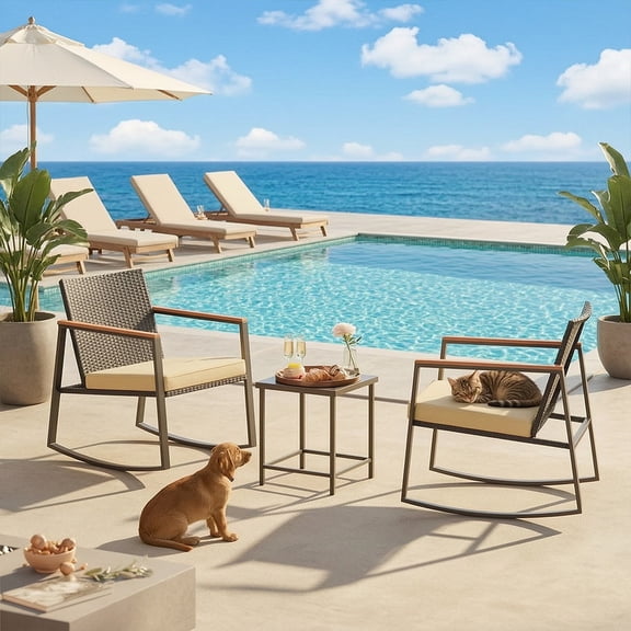 3 Pieces Patio Furniture Set, Aiho Wicker Patio Table and Chairs Set with Coffee Table for Outdoor Garden, Balcony, Poolside, Beige Cushion
