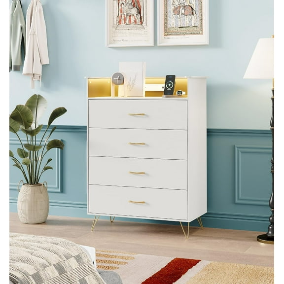 4-Drawer Wooden Dresser with Charging Station & RGB Lights, Modern Chest of Drawers with App Control, Large Storage Cabinet for Bedroom, Living Room, Closet, White