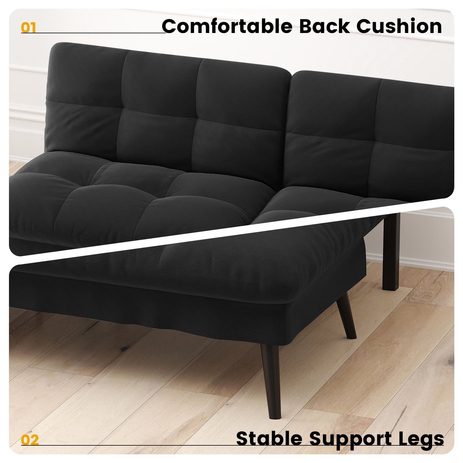 CloudRest Pro 72" Modern Convertible Futon Sofa Bed, Upholstered Futon Couch with 5 Adjustable Backrest Angles,Suitable for Apartment,Living Room,Black
