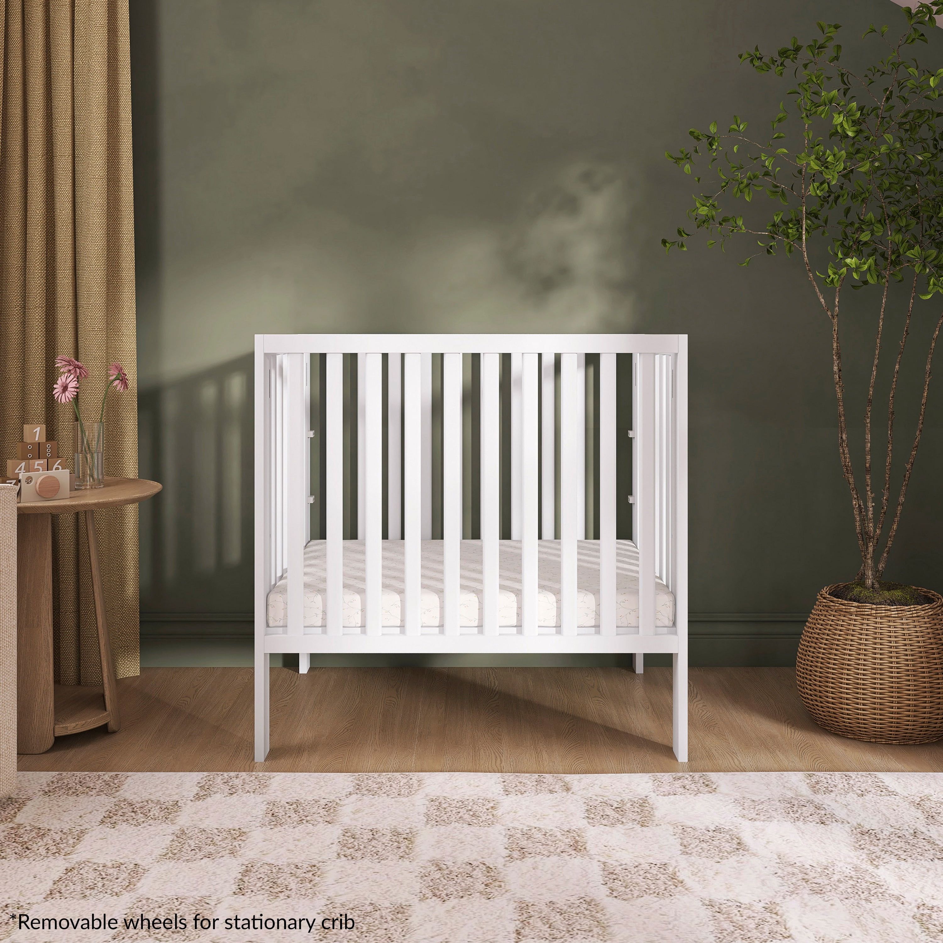 Dream On Me Jett Non-Full Size Folding Crib I Removable Wheels I Modern Nursey I Adjustable Mattress Support I Patent Folding System I Included 2.5” Mattress In White