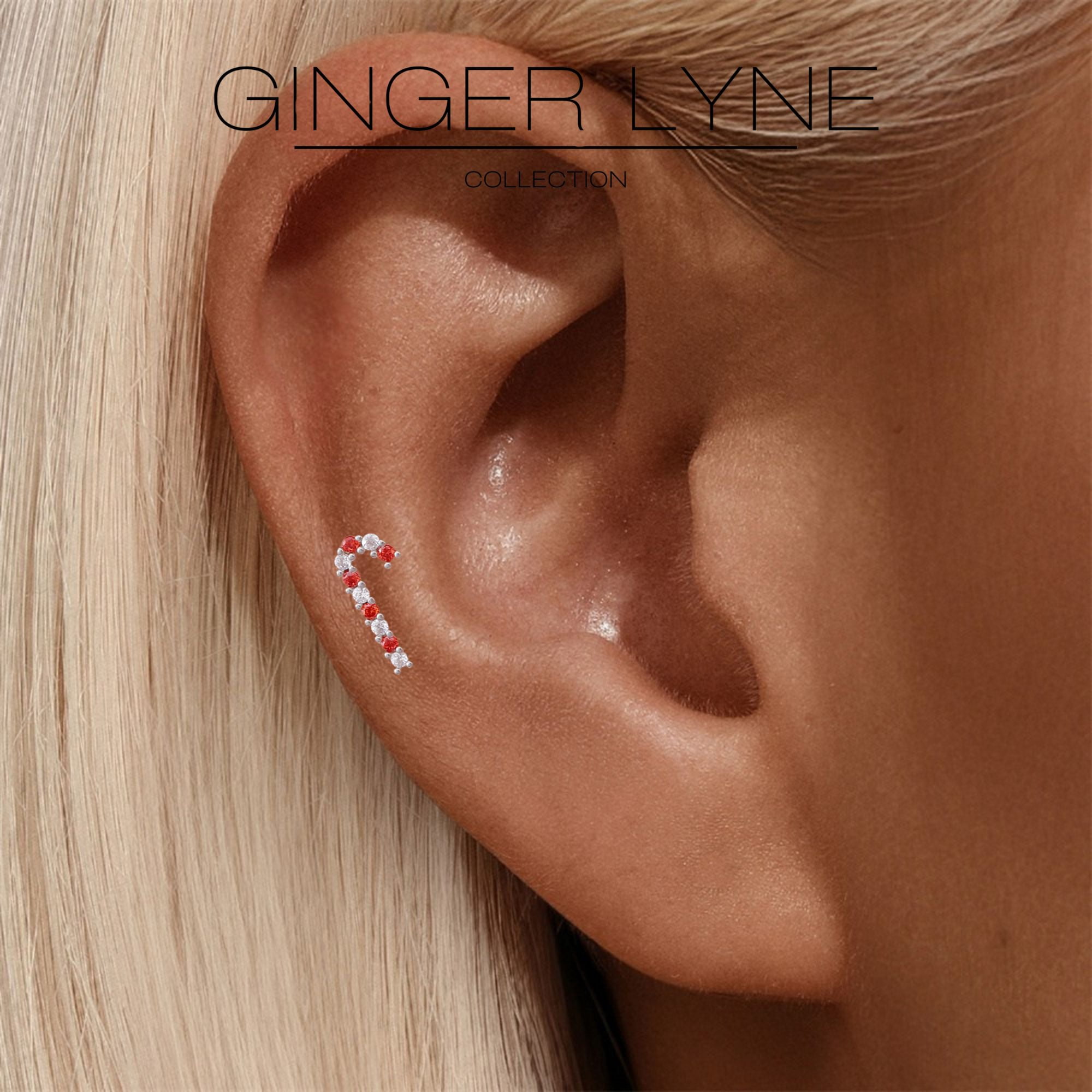 Christmas Candy Cane Flat Back Earrings for Women Sterling Silver 16g Cartilage Helix Lobe Body Piercing Stud by Ginger Lyne Collection