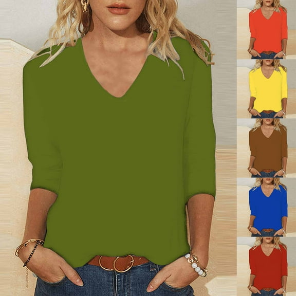 Nfurl Womens V Neck T Shirts Casual Solid Color 3/4 Sleeve Shirt Loose Fit Plain Tops Fall Pullovers 2025 Fashion Going Out Top Wine M