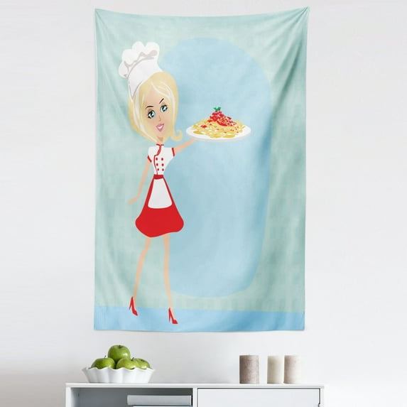 Italian Tapestry, Woman Blonde Chef Serving Spaghetti Pasta Cooking Traditional Dish Menu Print, Fabric Wall Hanging Decor for Bedroom Living Room Dorm, 5 Sizes, Multicolor, by Ambesonne