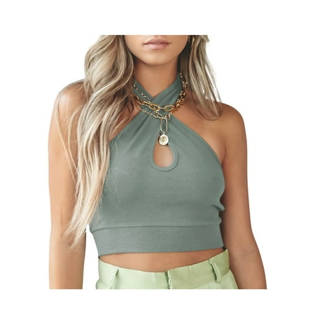 

Women Solid Color Short Tops Sleeveless Cross Hanging Neck Vest Slim-Fit Bottoming Navel Camisole