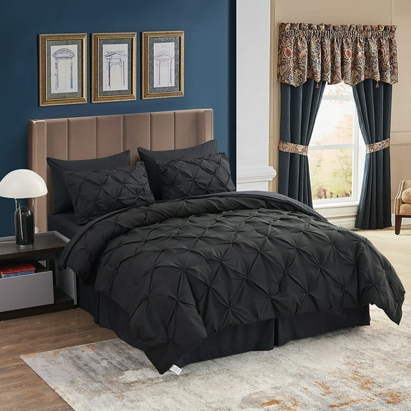 HAOK 8 Piece Pinch Pleated Pintuck Comforter Set - Bedding Bed In A Bag, Queen, Black