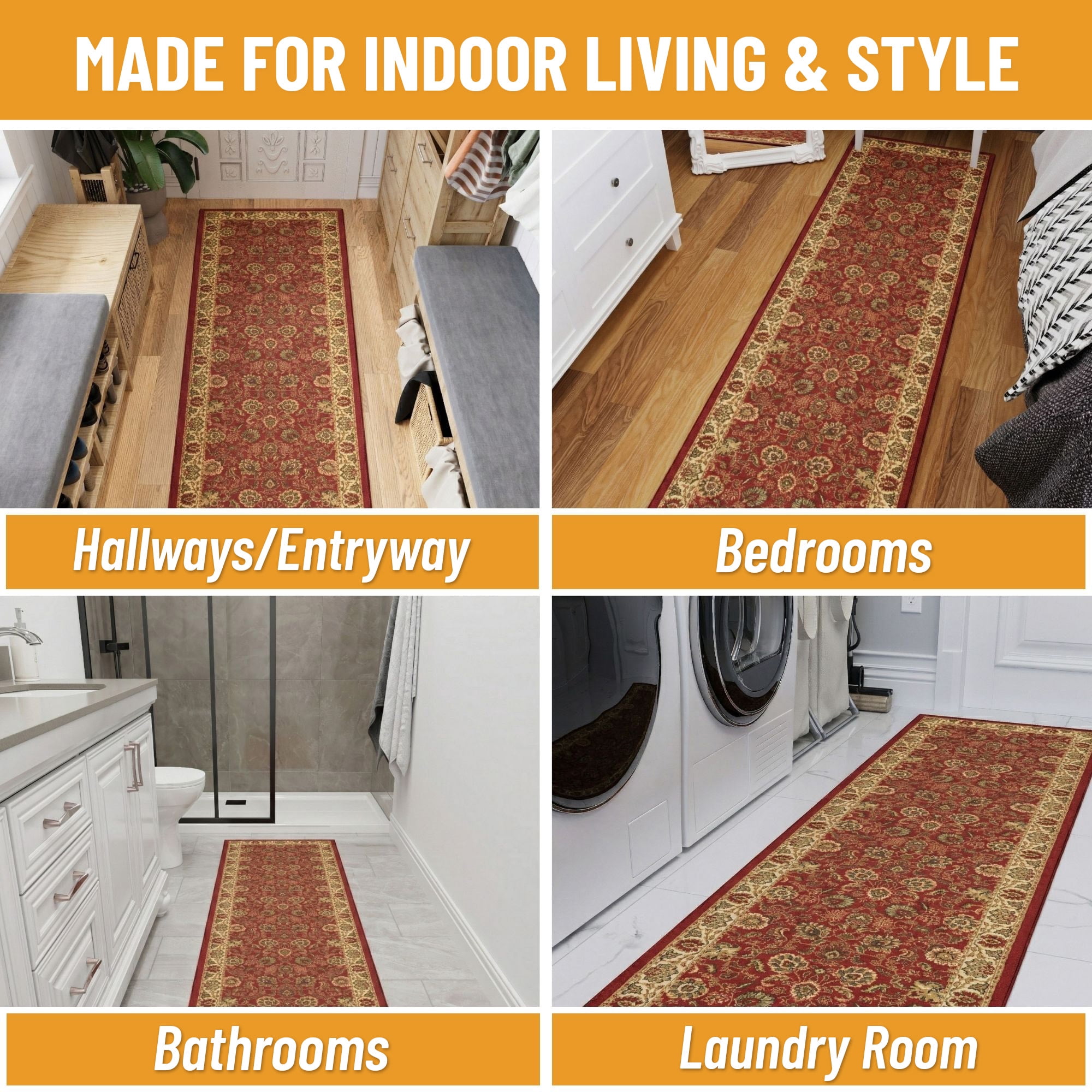 Ottomanson Hallway Runner Rug 1'10.5" x 7' – Non-Slip Low Pile Carpet for High Traffic Areas, Oriental Red