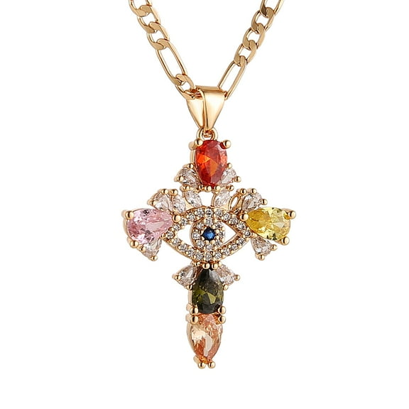 HZMAN Crystal Cross Necklace for Women 14K Rose Gold Plated Colorful Inlay Evil Eye Egyptian Cross Pendant Necklace Jewelry Gift