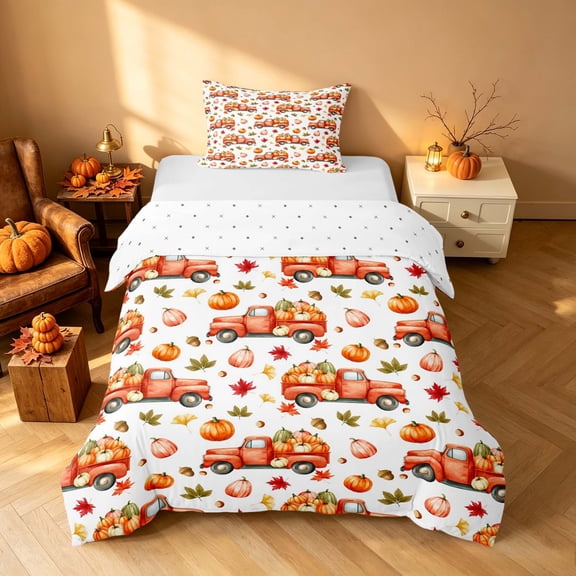 Homewish HFarm Truck Pumpkin Twin Duvet Cover, Autumn Maple Leaf Twin Bedding, White Orange, Reversible 2pcs, 1 Duvet Cover and 1 Pillowcase