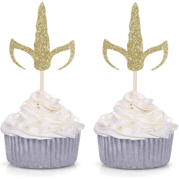 12pcs Gold Glitter Unicorn Horn and Ears Cupcake Toppers Baby Shower Kid's Birthday Party Decorations