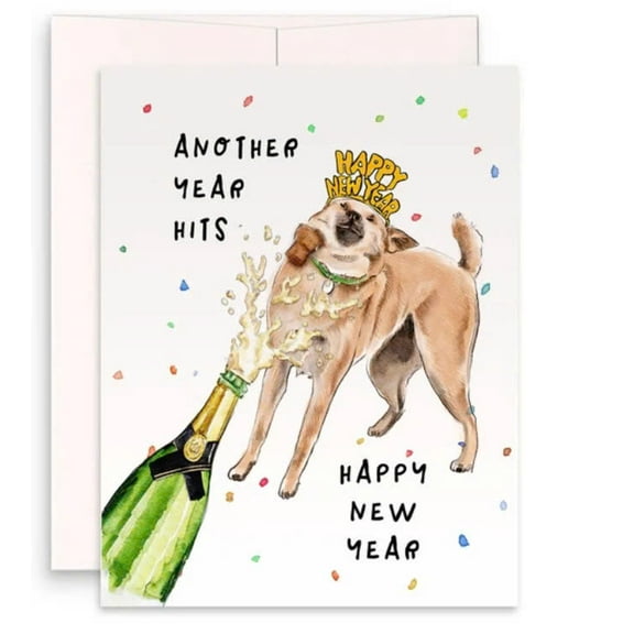 Happy New Year Dog Greeting Card – Funny Champagne Celebration Design – Blank Inside with Envelope – Perfect for New Year Wishes
