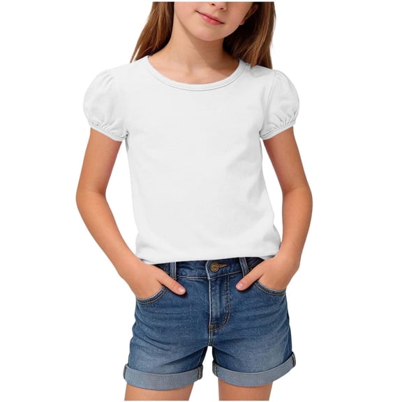 Favoffer Big Girls Short Sleeve Tee Summer Solid Color Puff Sleeve Soft Breathable Round Neck Casual Top Fashion Shirt Daily Home Play Vacation Sizes 1-15Y