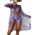 thumbnail image 1 of Bikini De Mujer Impreso Traje De Baño De 3 Piezas Traje De Baño Protector Solar De Talle Alto Sujetador Inalámbrico Cubierta De Malla Ropa De Playa Púrpura S, 1 of 5