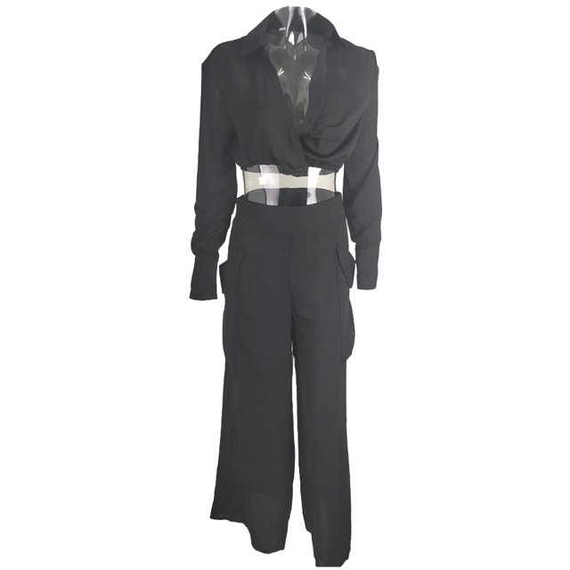 Mono elegante de manga larga para mujer, sexy, con cuello en V, informal, pantalones largos de pierna ancha Adepaton BST3003119-2