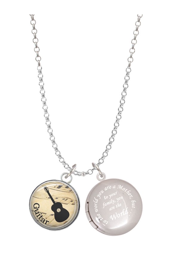 Silvertone Domed Music - Guitar To the World You are a Mother Locket Necklace