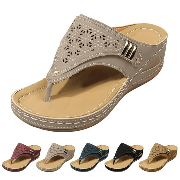 Mepaouo Orthopedic Sandals for Women Arch Support Wedge Flip Flops Cushion Platform Thong Slip on Sandal Beige