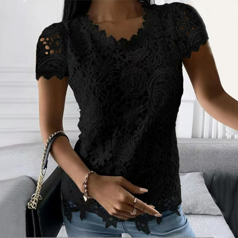 JDEFEG Womens Polyester T Shirts Women's Casual Lace Crochet Lace Double  Layer Loose Round Neck Lace Short Sleeve Top Thermal Underwear Shirts Women