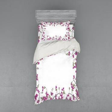 Flower Duvet Cover Set, Vintage Frame with Ivy Floral Design with Leaves Buds and Branches Retro Print, Bedding Set with Shams and Fitted Sheet, 3 Sizes, by Ambesonne