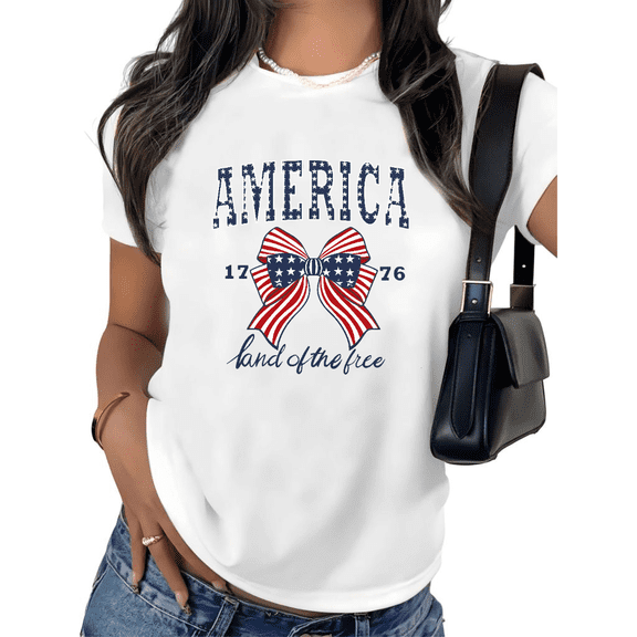 UNISHE Women's Patriotic America 1776 Graphic Short Sleeve T-Shirt Flag Bow Land of the Free Print Cotton Crewneck Casual Fit Tops