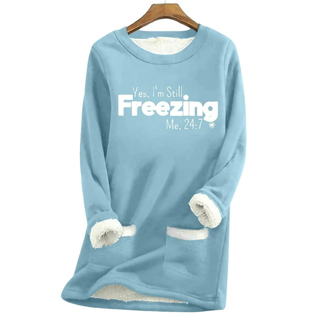Fashnice Ladies T-shirt Letter Printed Pullover Crew Neck Sweatshirt Warm Fall Tops Sky Blue With Snowflakes L