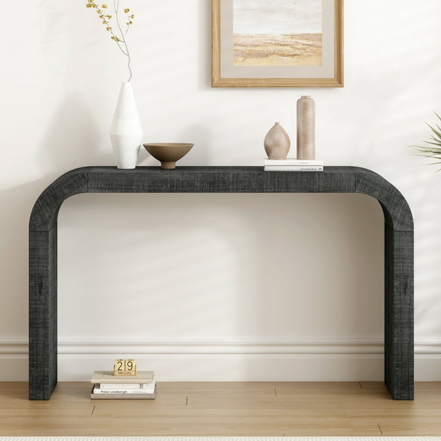 Noble House 52" Wood Console Table with Curved Edge, Natural Texture,Black