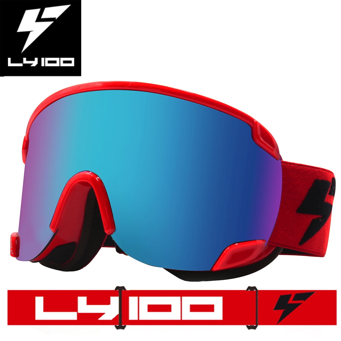 LY-100 Authorized Men Women Snowboard Ski Goggles OTG Anti-fog UV Protection Over Glasses Double Lens Red by