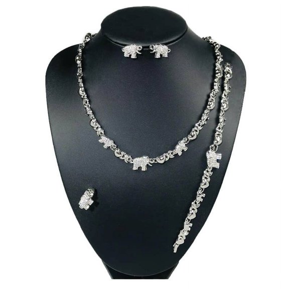 Jewelry set For Women - Women's Hugs & Kisses XOXO 4 Pieces Necklace Set Elephants Pedant Includes Necklace Bracelet Earrings Ring 18k Gold Plated (Silver)