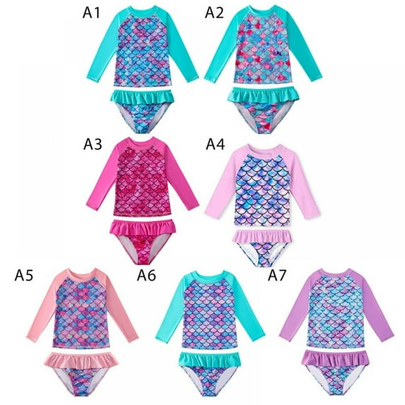 2pcs Toddlers Girls Swimwear Kids Baby Long Sleeve Swimsuit UPF 50+ Sun Protection Bathing Suits 2-10Y