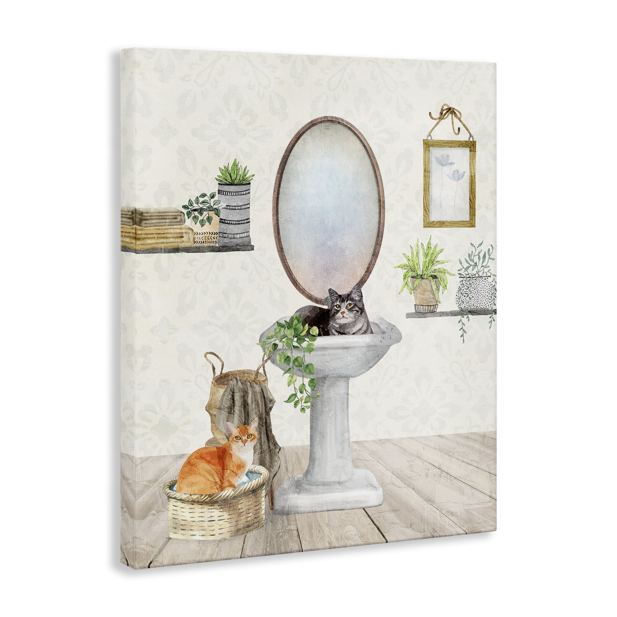 Stupell Industries Cats in Bathroom Scene Bath & Laundry Painting Wrapped Canvas Art Print Wall Art, 36 x 48