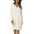 thumbnail image 2 of INSPIRE CHIC Women's Ribbed Hem Pullover Jumper V Neck Long Sleeve Knit Mini Sweater Midi Dress M White, 2 of 6
