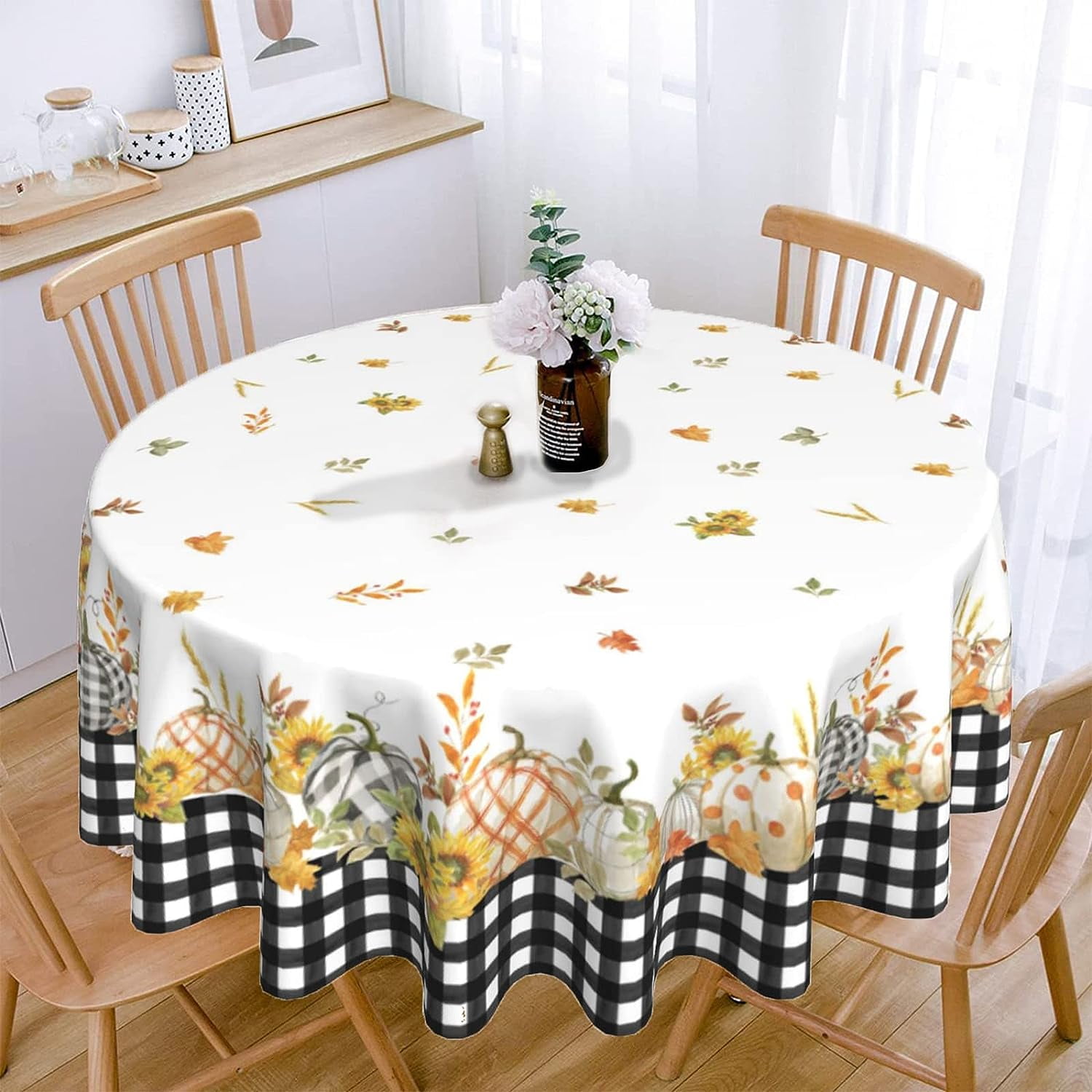 Fall Round Thanksgiving Tablecloth 60 Inch Holiday Table Cloth Autumn Pumpkin Waterproof Table