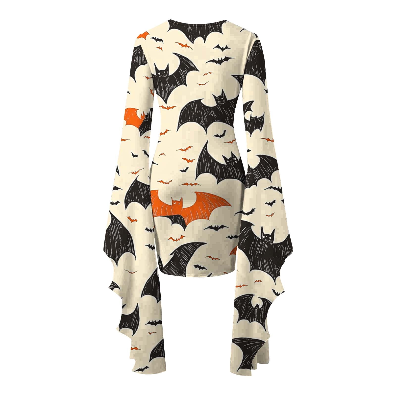 Womens Halloween Costumes Ghost Printed Bodycon Mini Dress Batwing Sleeve Crew Neck Masquerade Dresses Scream Costume