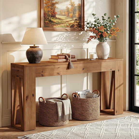 Tribesigns 63-Inch Long Solid Wood Console Table, Farmhouse Entryway Table for Living Room, Hallway, Entrance, Rustic Brown