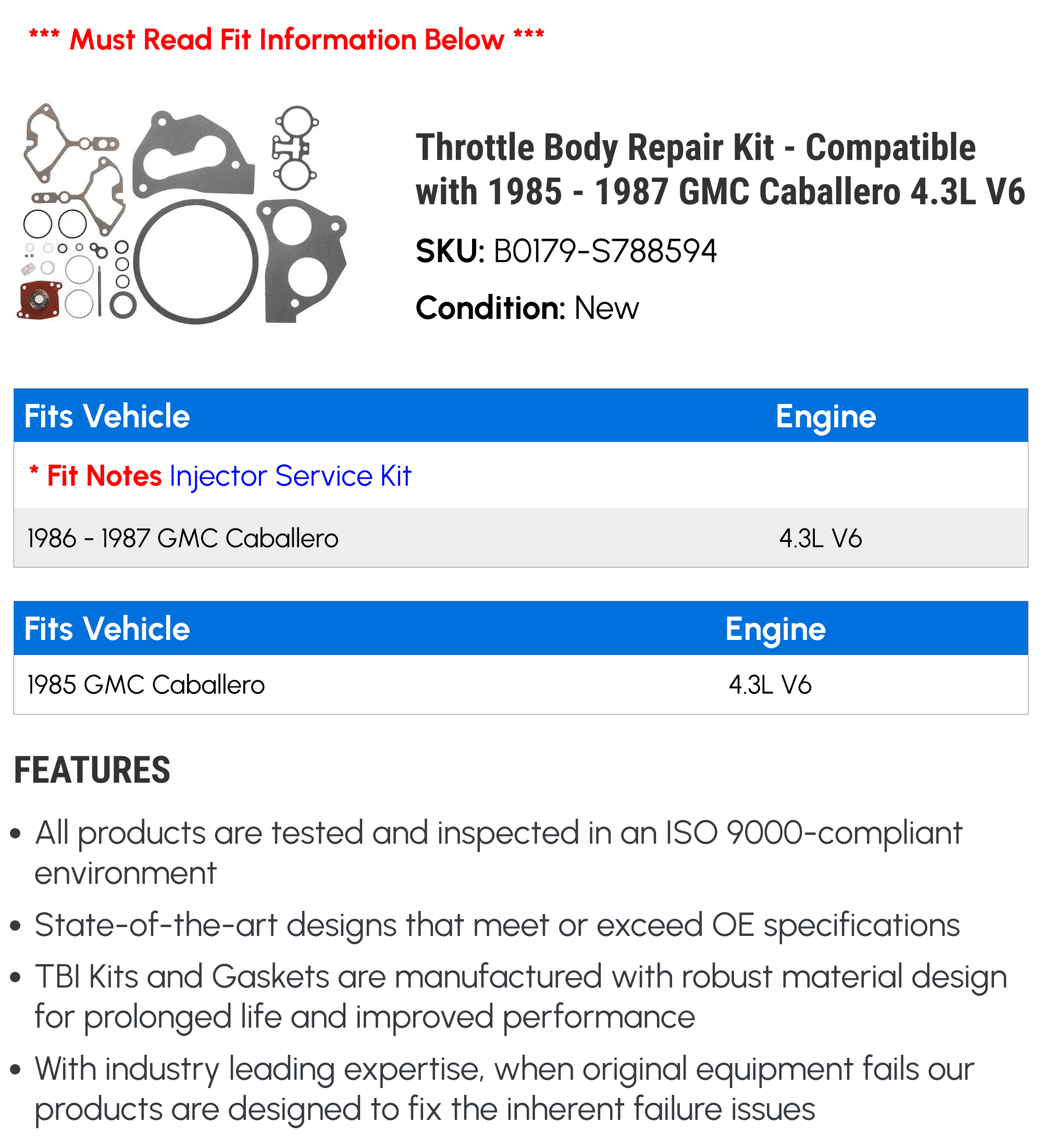 Throttle Body Repair Kit - Compatible with 1985 - 1987 GMC Caballero 4.3L V6 1986