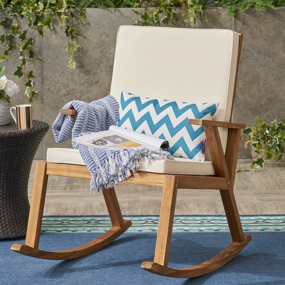Outdoor Acacia Wood Rocking Chair, with Cushion, Teak,Cream