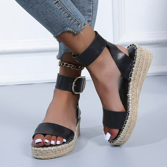 AXXD Women Black Sandals Summer Ladies Shoes Slope Heel Thick Soled Straw Woven Metal Buckle Sandals