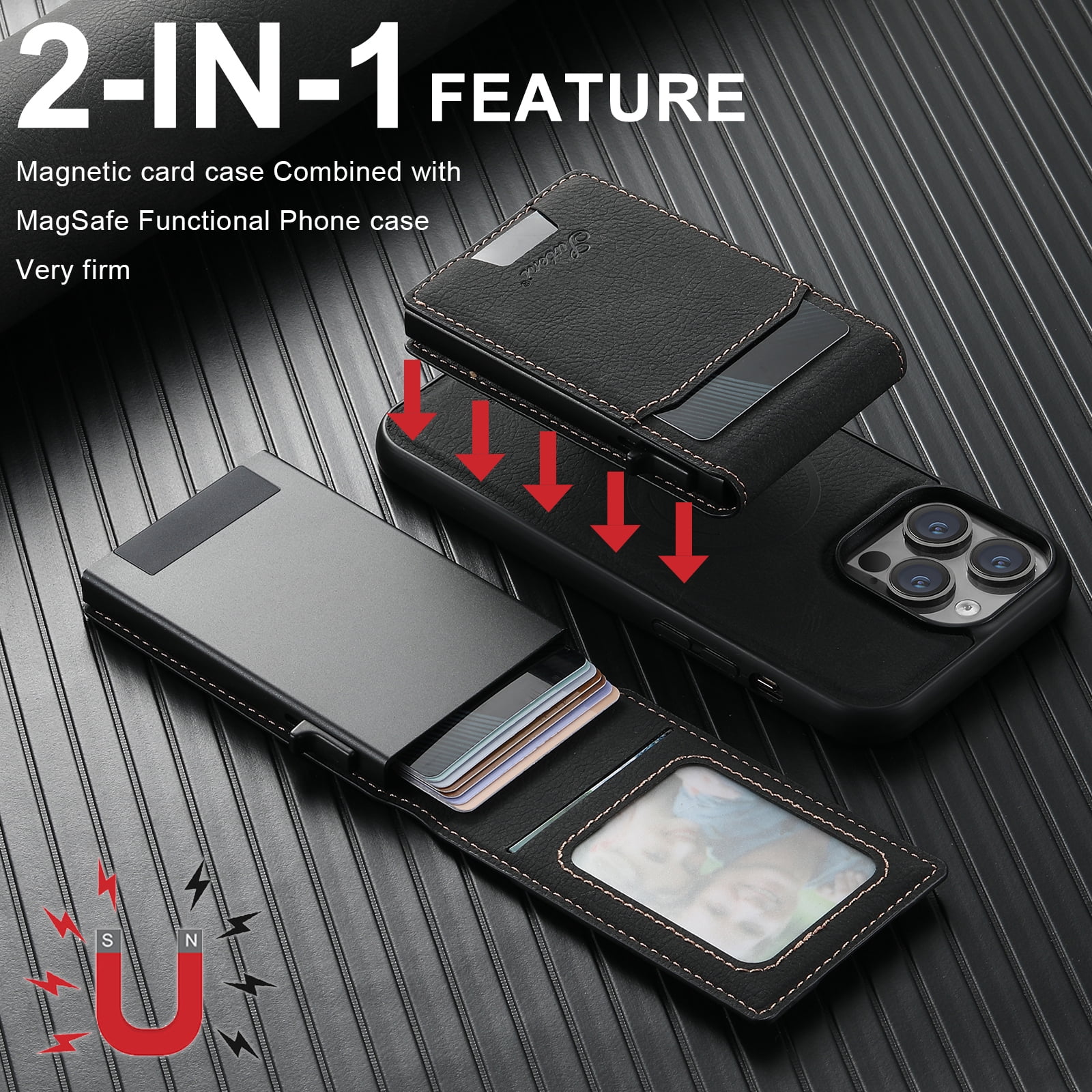 ELEHOLD for iPhone 16 Pro Case, Compatible with Mag Safe Accessory, 2 in 1 Detachable Magnetic Wallet Card Holder Faux Leather Men Women Kickstand Shockproof Case,Black