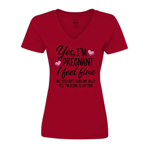 Inktastic Yes I'm Pregnant I Feel Fine No You Cant Touch My Belly Women's V-Neck T-Shirt