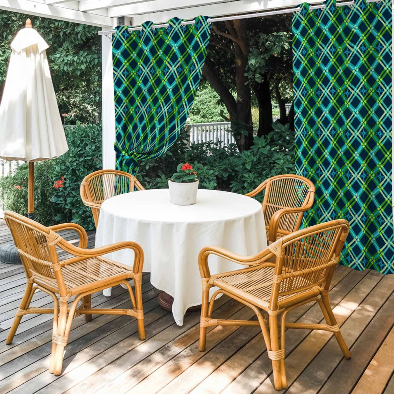 Outdoor Curtains for Patio Waterproof, Vintage Green Windproof Pravicy Outside Porch Blackout Curtain, Geometric Tartan Plaid Ethnic Farmhouse Sun Blocking Grommets Curtains for Cabana 54"x108"