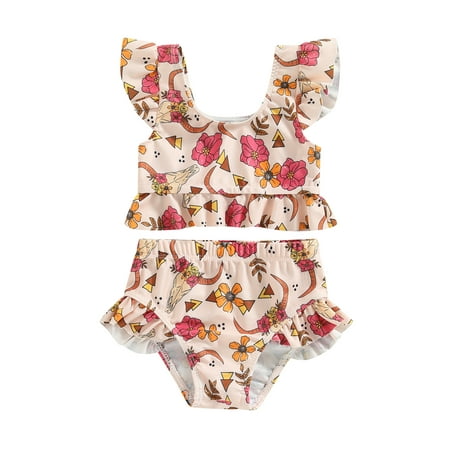 

Western Toddler Baby Girl Bikini Set Flower Bull Head Print Fly Sleeve Vest Elastic Waist Briefs Bathing Swimsuit