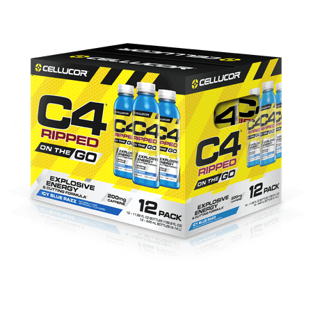 Cellucor C4 Ripped On The Go Pre Workout Energy Drink, Icy Blue Razz, 11.66 Fl Oz, 12 Ct
